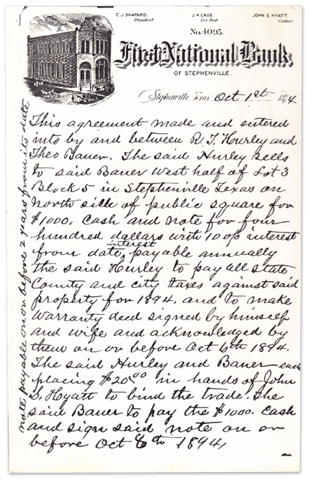 Agreement written by First National Bank on October 1, 1894